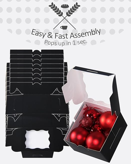 qiqee Black Bakery Box with Window 4x4x2.5 inch 30Packs Macaron Boxes Small Donut Pastry Boxes for Party Mini Cookie Boxes