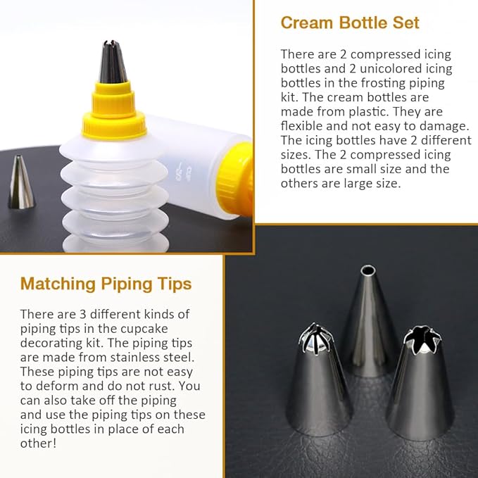 Icing Bottles with Stainless Steel Icing Tips (4 pcs) - Foldable & Unicolored Bottles, Cake Decorating Kit with 3 Piping Tips, White, Yellow