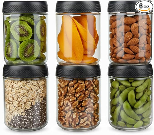 C&O ESSENTIALS 16 oz Glass Mason Jars with Airtight Lids - Wide Mouth Canning Jars for Food Storage, Meal Prep, Overnight Oats, Preserving, Pickling (6-Pack) (Black)