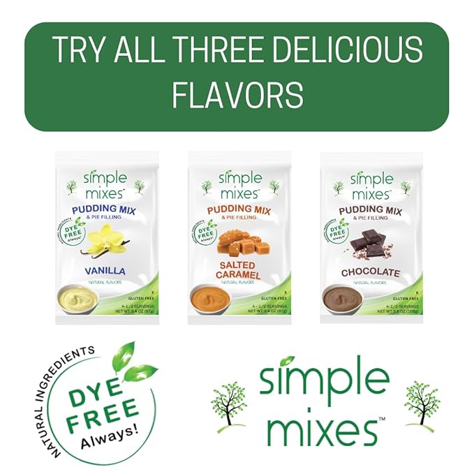 Simple Mixes Natural Instant Pudding & Pie Filling Mix, Healthy Snack, Vanilla, Gluten and Dye Free, No Fat, or Lactose, Kosher, 3 Pack
