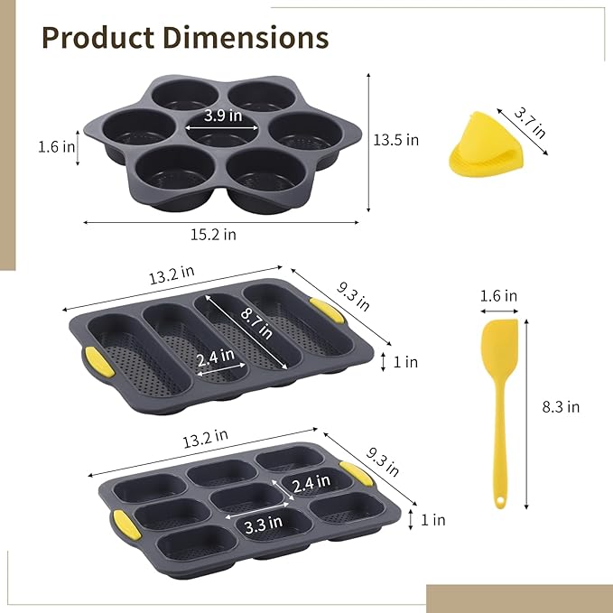 Set of 6 Hamburger Bun Pans, 4/7/9-Cup Silicone Burger Bun Molds with Brush, Spatula, and Grab Glove, Nonstick Perforated Baking Pans, Rectangular Loaf Molds, Dishwasher and Microwave Safe