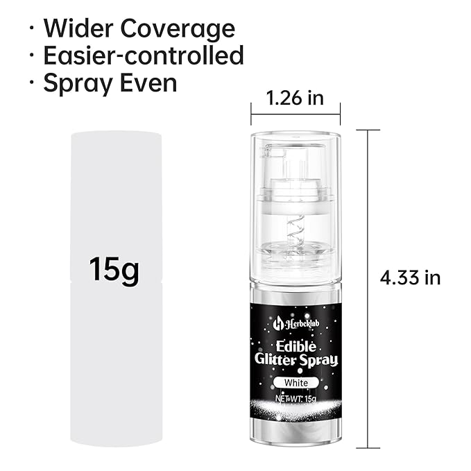 White Edible Glitter - 15g Edible Glitter Spray Food Grade White Drink Glitter for Cakes, Cookies, Cake Pops, Chocolate, Strawberries, Cocktails & Beverages