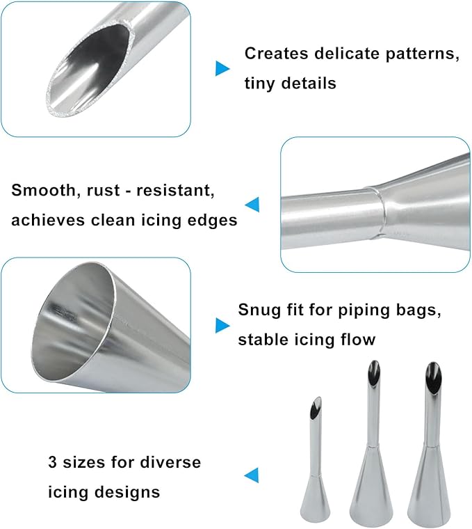 3 Pack Stainless Steel Piping Nozzle Tips with 50 Piping Bags, Long Cream Puff & Small Filling Nozzles for Cake/Pastry Decorating