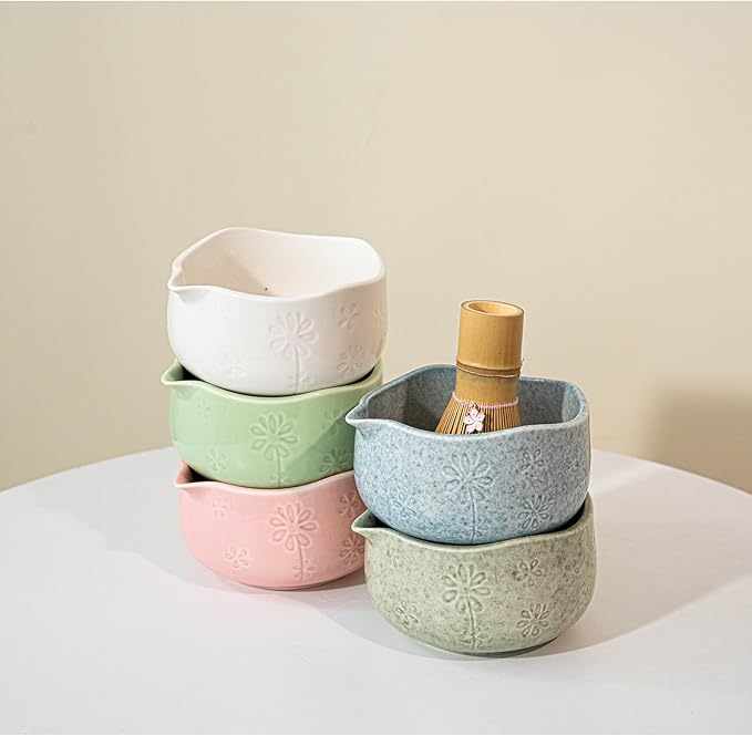 8 Pcs Matcha Set - Flower-shaped Matcha Bowl | Handcrafted Whisk and Holder | Bamboo Scoop and Spoon | Scoop Rest | Sifter and Tea Towel - Pink Matcha Set with Cherry Blossom Carved Patterns