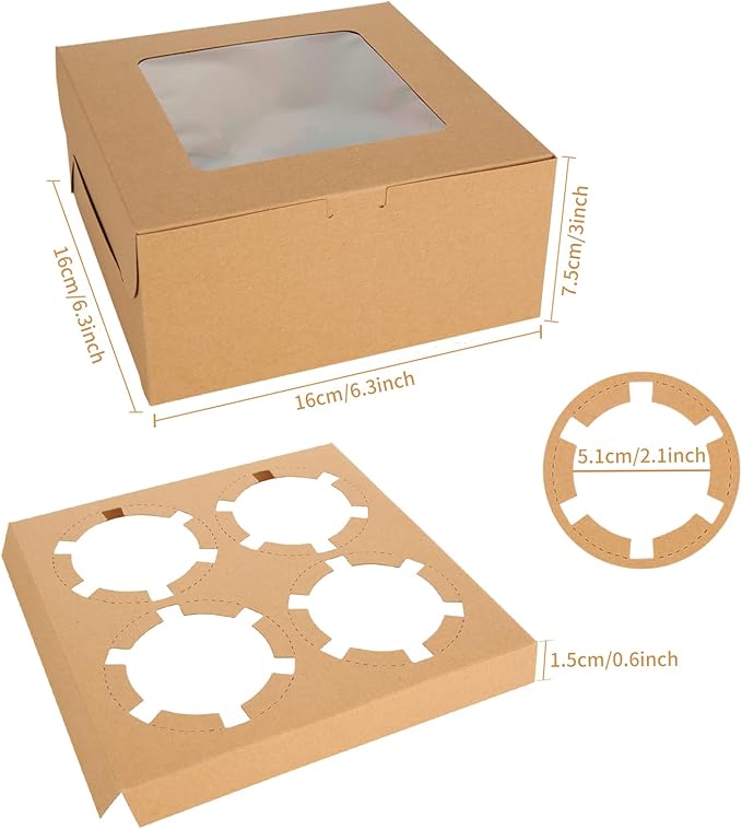 QTLCOHD 100Pcs Cupcake Boxes 4 Count Cupcake Containers 6x6x3 Inch Brown Cupcake Box Bulk for Cupcakes Muffins Cookies Pastries