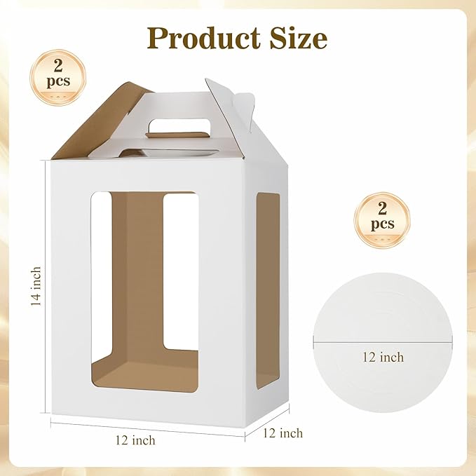 2 Pack Tall Cake Boxes with Cake Boards, 12x12x14 Inch Tiered Cake Box with 6 Windows, Layer Cake Carrier with Handle Bakery Take out Containers for Wedding Birthday Party (White-12x12x14 Inch-2 Pack)