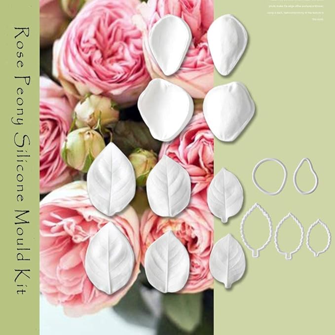 15PCS Rose & Peony Fondant Mold Kit, Silicone Gum Paste Sugar Craft Flower Veining Set for Birthday Cake Decoration