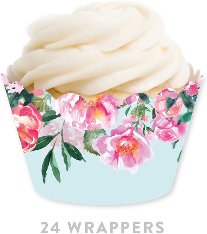Andaz Press Party Cupcake Wrapper Decorations, Pink Roses and Peonies on Baby Blue, 24-Pack, For Girls 1st Birthday Baby Bridal Shower Tea Party Themed Decorations