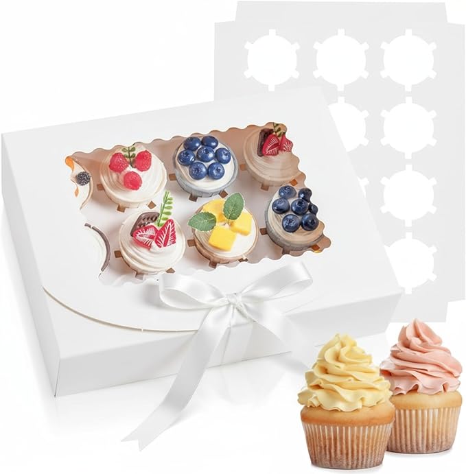 20 Pack White Cupcake Boxes with Window and Ribbon, 12 Count Food Grade Cupcake Boxes Treat Holders for Cookies Pastries Desserts Bakery Muffins Birthday Holiday Christmas Party Supplies