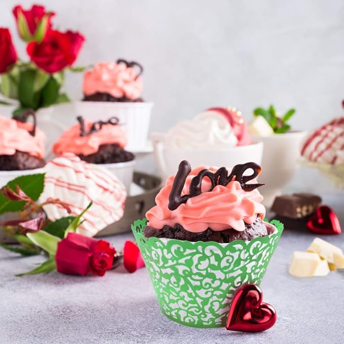 GOLF 100Pcs Cupcake Wrappers Artistic Bake Cake Paper Filigree Little Vine Lace Laser Cut Liner Baking Cup Wraps Muffin CaseTrays for Wedding Party Birthday Decoration (Green)