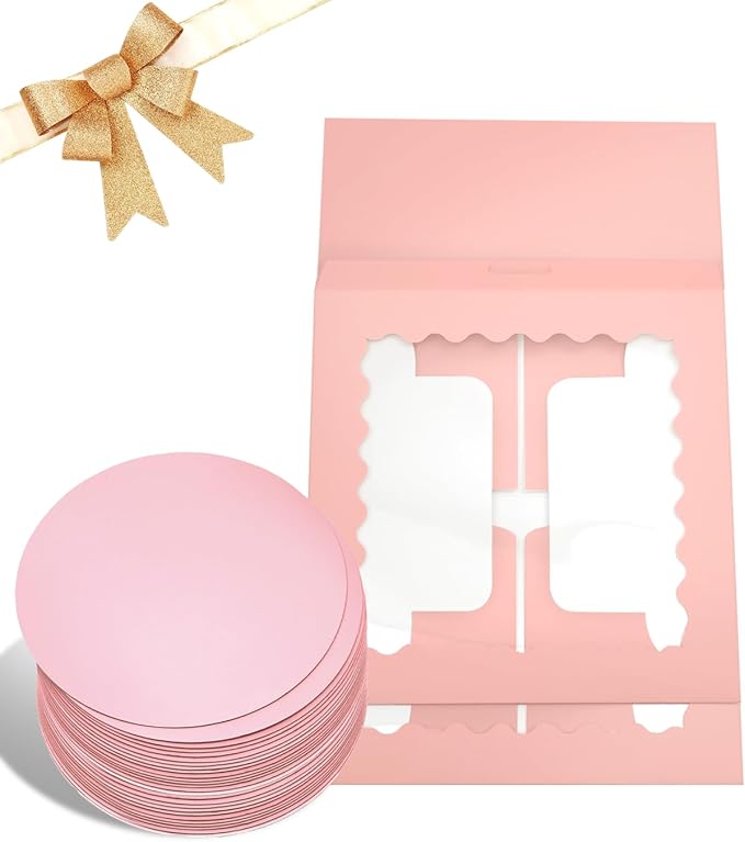 Bakepacker 8x8x5 Inches 36pcs Pink Cake Boxes with Window 18-Packs (18 Boxes +18 Cake Boards Included)