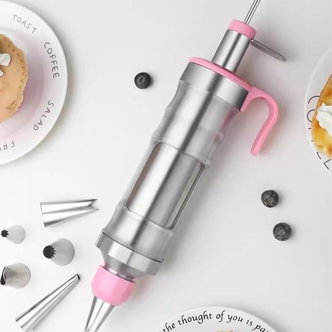 Dessert Decorating Syringe Set of 2, Frosting Piping Kit Stainless Steels Cake Decorating Kit with 12 Piping Tips Cupcake Decorating Kit Pink and Yellow