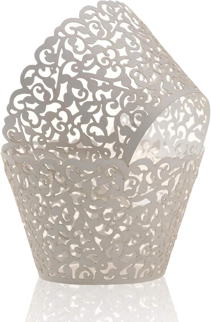 KPOSIYA Pack of 120 Cupcake Wrappers Artistic Bake Cake Paper Cups Vine Designed Laser Cut Cupcake Wraps Baking Cup Muffin Case Trays for Wedding Baby Shower Party Birthday Decoration (120, White)