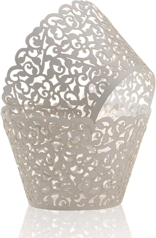 KPOSIYA Pack of 120 Cupcake Wrappers Artistic Bake Cake Paper Cups Vine Designed Laser Cut Cupcake Wraps Baking Cup Muffin Case Trays for Wedding Baby Shower Party Birthday Decoration (120, White)