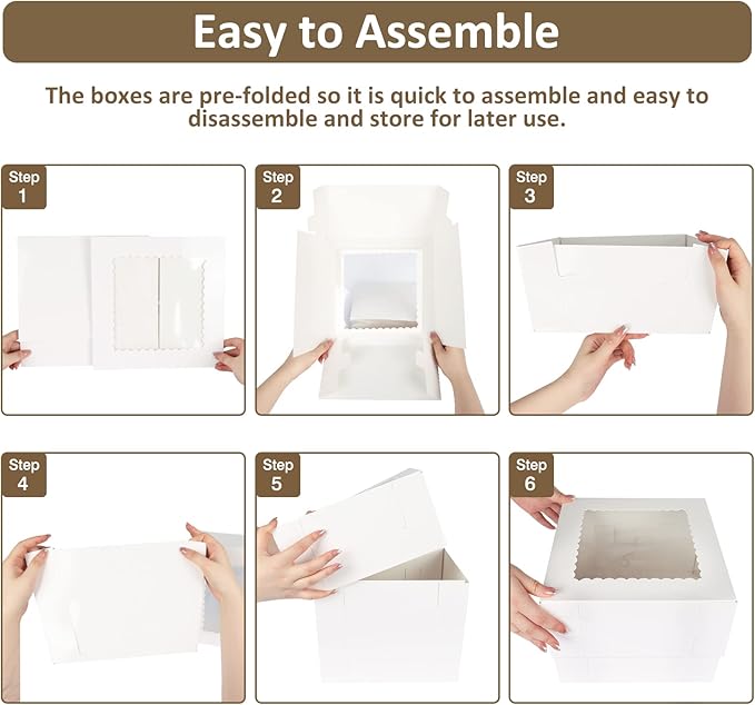Moretoes 20pcs Cake Boxes, 10x10x8 Inches Tall Cake Box with Window, White Bakery Box, Large Baking Boxes with Window for Valentine's Day, Mother's Day, Pastries, Pies, Desserts