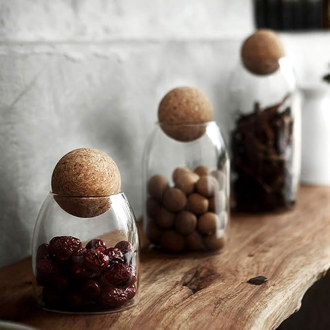 800ML/27Oz Clear Glass Storage Cute Canister Holder Ball Wood Cork Top, Modern Decorative Cylinder Container Jar with Round Lid for Coffee, Spice, Candy, Salt, Cookie Cool Terrarium Bottle