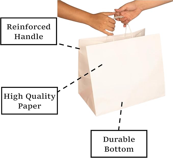 Premium 10x5x13 Paper Bags with Handles - Pack of 100, White Paper Bags Ideal for Shopping, Wedding, Business, Retail, Craft, Gifts & More - Durable, 100% Recyclable White Quality Bags