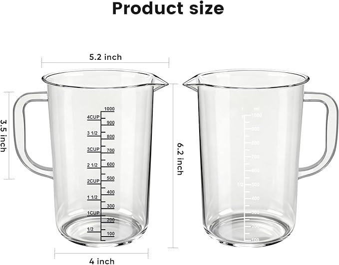 Plastic Measuring Cups - 4 CUP 4PCS Liquid Measuring Cups with Handle and Spout,Multiple Measurement Scales Acrylic Material Measure Cups (4CUPX4)