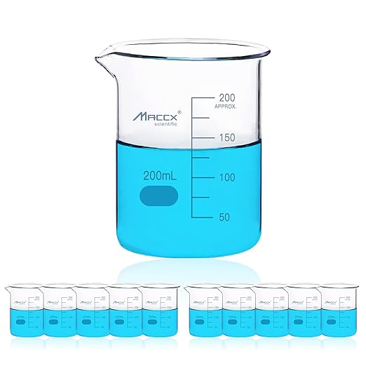 6.7oz(200ml) Sturdy Glass Beaker, 3.3 Borosilicate Griffin Low Form with Printed Graduation, Pack of 10, BKL200-010