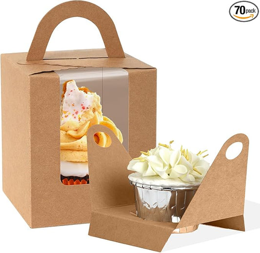 JCD 70 Packs Kraft Cupcake Boxes Individual Cupcake Holders Disposable Brown Cupcake Boxes with Window 3.6 * 3.6 * 4.3inch Single Cupcake Containers Pastry Box Muffins Holder for Bakery (Brown/70Pcs)