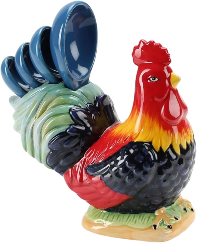 Omniware Rooster Measuring Spoon Set - Hand-Painted Stoneware with Long Handles, Lead-Free Glaze - Dishwasher Safe Baking Essentials for Dry & Liquid Ingredients, Small Spoons with US Measurements