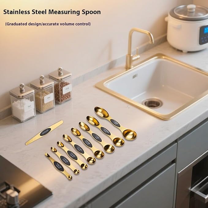 Gold Measuring Spoon Measuring Spoon Magnet Stainless Steel Colorful Double End Measuring Spoons Set of 9 Seasoning Spoon Baking Kitchen Tools