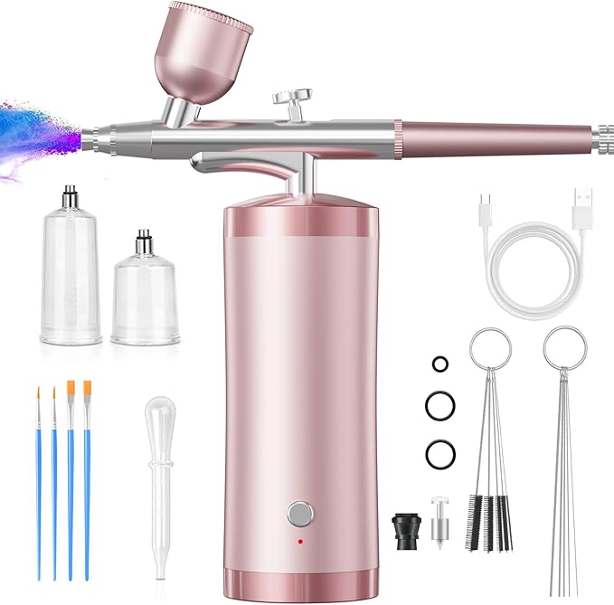 Airbrush Kit With Compressor 48PSI Rechargeable High Pressure Air Brush Set Cordless Airbrush Kit with 0.3mm Nozzle for Painting,Nail Art, Cake Decor,Makeup,Modeling (Pink)
