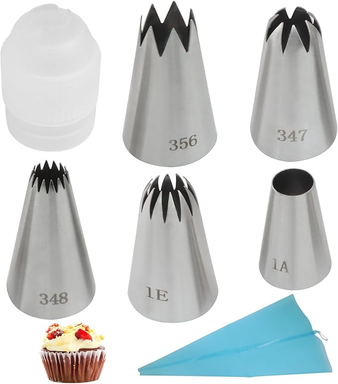 5 Pcs Large Piping Tips (1A 1E 348 347 356), Stainless Steel Frosting Icing Tips with Coupler & 12In Silicone Pastry Bag, Baking Tools for Birthday Cakes/Cupcakes/Cookie