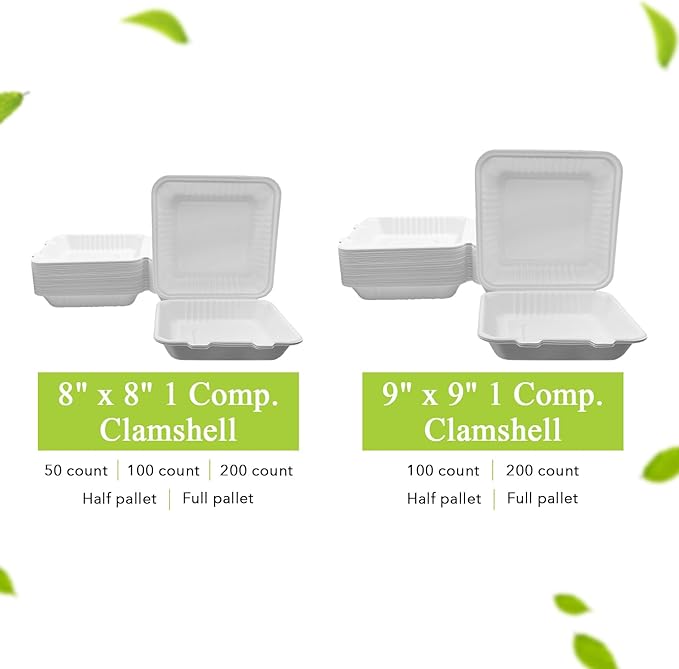 three leaf 9" X 9" 1 COMPARTMENT BAGASSE CLAMSHELL, 100 Ct. Heavy-Duty- Super Strong- Natural- Eco-Friendly Disposable Bagasse Clamshell, 100% Biodegradable 9 inch clamshell
