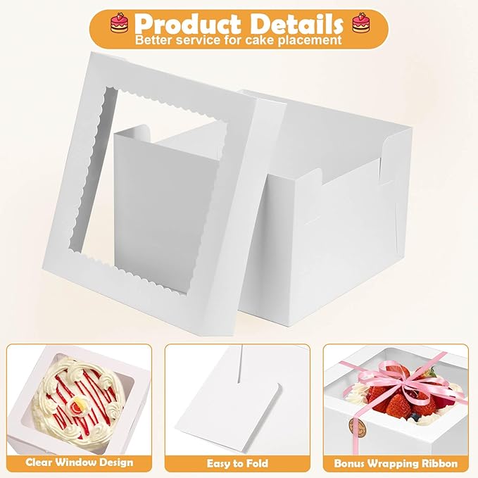 24 Pcs Cake Boxes 12 inch with 12x12x8 Inches 12Pcs Tall Cake Box,10Pcs Cake Board, Stiker &Ribbon, Large Baking Boxes, Square Cardboard Cake Boxes for Multi-Layer Cakes