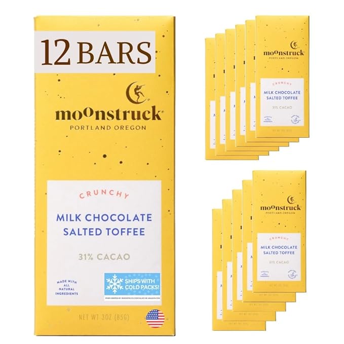 Moonstruck Chocolate Salted Toffee Milk Chocolate Bar, 31% Cacao, 3.0oz (Pack of 12)