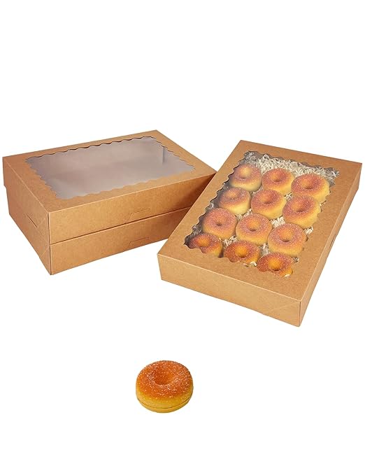 qiqee Auto-pop Up 16x10.5x2.5 Inch Brown Cookie Box with Window 24Pcs Bakery Pastry Macaron Bakery Box for Packaging