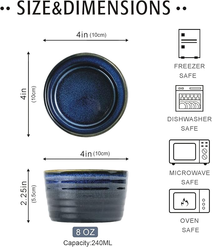 UNICASA Ramekin Set of 4, UNICASA 8 oz Creme Brulee Ramekins, Oven Safe Baking Set for Custard, Pudding, Souffle Cups, Reactive Blue