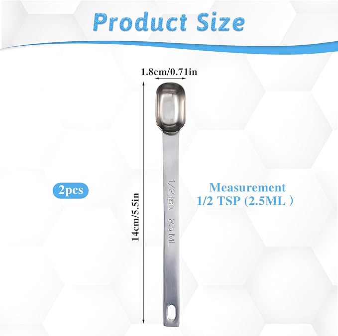 Bewudy 2PCS 1/2 Teaspoon, Stainless Steel Single Measuring Spoon, 2.5 ml Teaspoon Rectangular Individual Measuring Spoons (1/2Tsp | 2.5 ML | 2.5 cc | 1/2 Tablespoon)