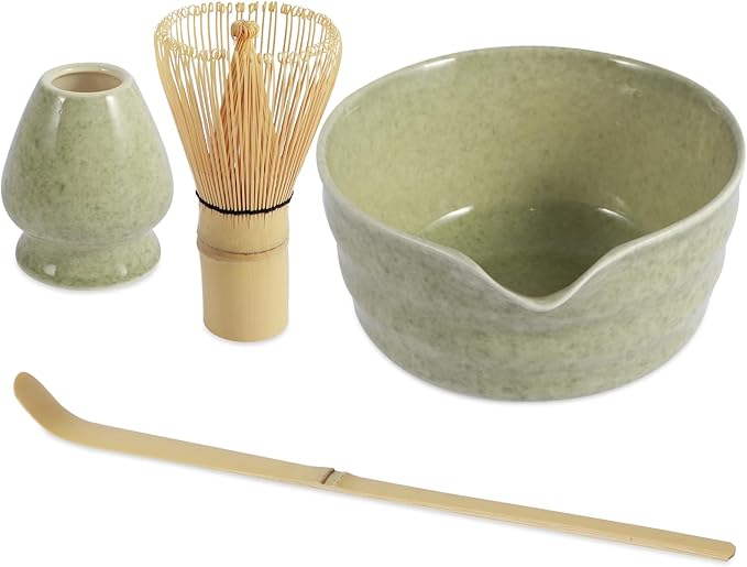4Pcs Matcha Making Kit, Ceramic Bowl, Bamboo Whisk and Scoop, Matcha Sifter and Holder