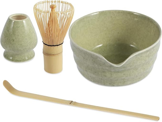 4Pcs Matcha Making Kit, Ceramic Bowl, Bamboo Whisk and Scoop, Matcha Sifter and Holder