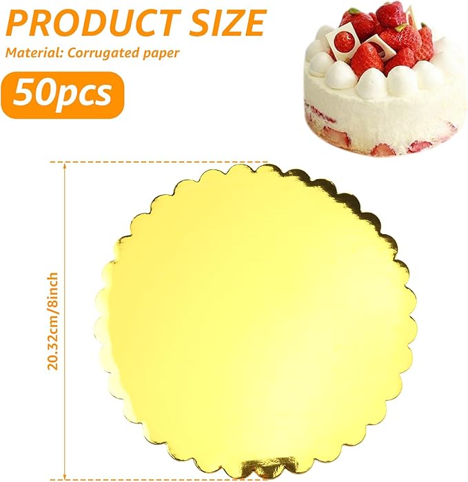 50 Pack 8 Inch Cake Boards, Round Gold Wave Cake Circles, Disposable Pizza Cardboard Cake Base Stand for Wedding Birthday Anniversary Desserts