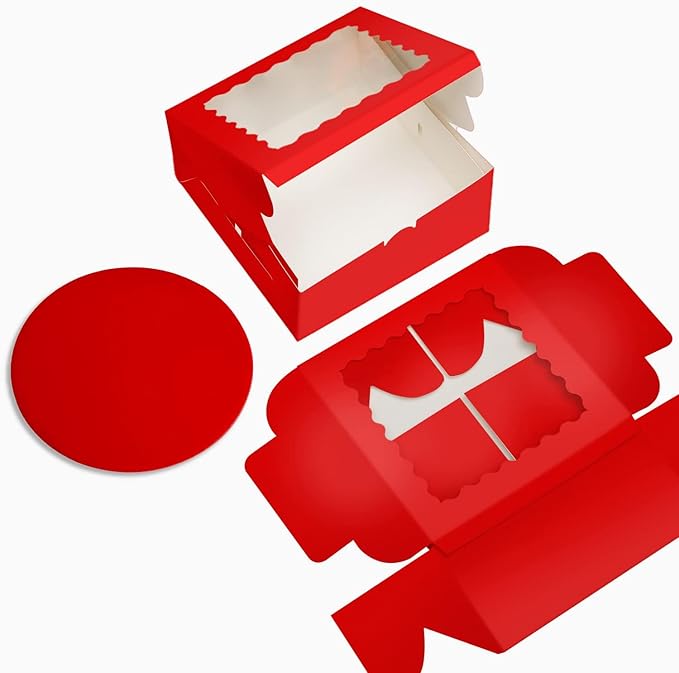 Bakepacker 36pcs 10x10x5 Inches Red Cake Boxes with Window 18-Packs, 10 Inch Bakery Boxes (18 Cake Boxes +18 Cake Boards Included)