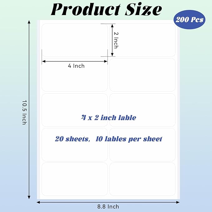 200 Pcs Printable Bottle Labels, 4x2 Inch Glossy White Waterproof Sticker Labels, Printable Adhesive Rectangle Label for Inkjet or Laser Printer