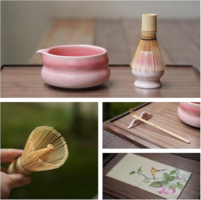 Matcha Whisk Set, 7 Pcs Kit Includes Ceramic Bowl, Traditional Bamboo Whisk and Holder, Scoop, Scoop Rest, Sifter and Tea Towel - Perfect for Matcha Lovers and as gifts (Suntset Pink)