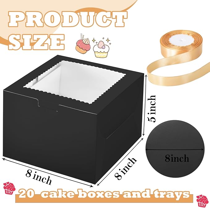 KPOSIYA 40pcs 8x8x5 inches Cake Boxes with Cake Boards（20 Boxes & 20 Boards）, Black 8 inch Cake Boxes with Window,Cajas Pasteles Square Cardboard Cake Containers for Christmas Thanksgiving