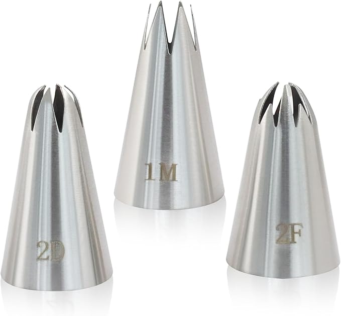 3 Pcs 1M 2D 2F Piping Tips, Stainless Steel Decorating Seamless Nozzles Icing Tips with Coupler Adapter & 12In Silicone Pastry Bag, Baking Tools for Birthday Cakes/Cupcakes/Cookie