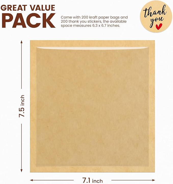 200 Pack Heat Sealable Bakery Bags with Window, 7.1x7.5 Inch Cookie Packaging Bags with Seal Bake Sale Paper Sleeves for Bagel, Cake Slice, Sandwich, Donut, Pastry