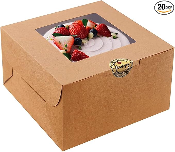 SmilerSmile 8x8x5 Inches Cake Boxes with Windows 20pcs 8 Inch Cake Box Bakery Boxes Kraft Pastry Boxes Disposable Cake Containers for Cakes,Pastries,Pies,Dessert/Brown