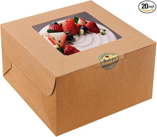 SmilerSmile 8x8x5 Inches Cake Boxes with Windows 20pcs 8 Inch Cake Box Bakery Boxes Kraft Pastry Boxes Disposable Cake Containers for Cakes,Pastries,Pies,Dessert/Brown