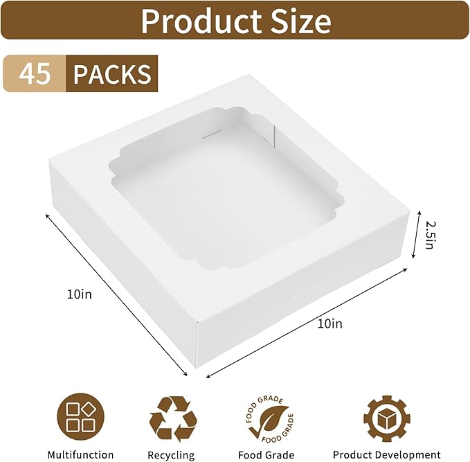 Moretoes 45pcs Pie Boxes, 10x10x2.5 Inches White Bakery Boxes Cookie Container with Window for Treats, Pie, Strawberries, Cookie Cake, Pastries, Muffins and Donuts