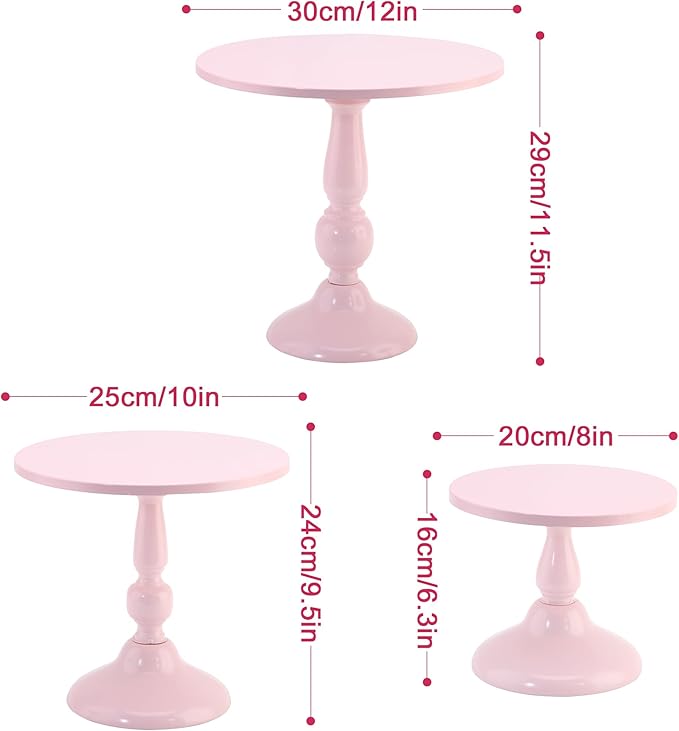 Set of 3 Pink Cake Stands, QENUIITEA Metal Round Cake Holder Dessert Pie Pizza Display Stand 8" 10" 12" Serving Tray Decoration for Wedding Celebration Party Birthday Baby Shower