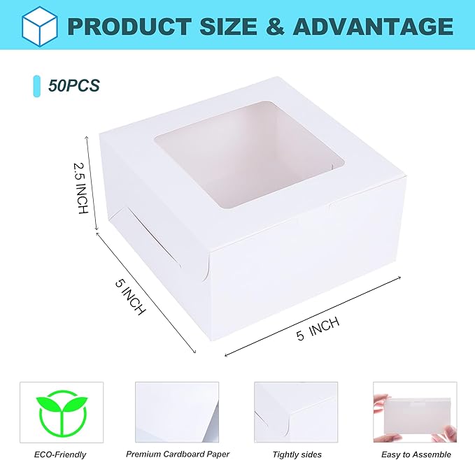 Zzrywuty 50 Packs 5x5x2.5in White Cookie Boxes, Bakery Boxes with Window, Mini Cake Boxes, Food Container Boxes for Cookies, Pastry, Pie, Strawberries, Donuts, Candy, Desserts, Small Cake