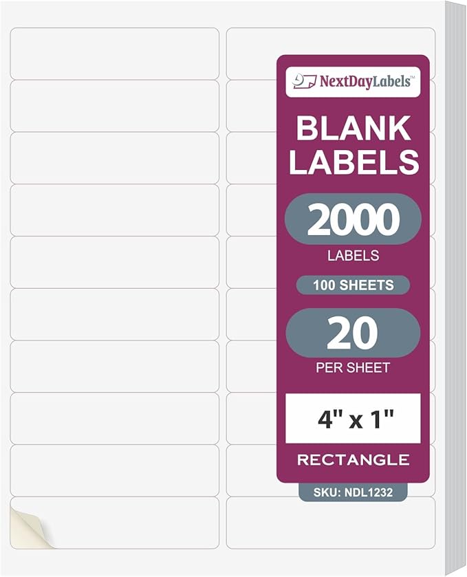 NextDayLabels 4' x 1" White Laser/Inkjet Printer Labels - 2000 Labels (100 Sheets, 20 Per Sheet) - Address, Shipping, Return Labels