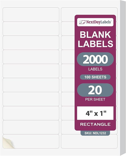 NextDayLabels 4' x 1" White Laser/Inkjet Printer Labels - 2000 Labels (100 Sheets, 20 Per Sheet) - Address, Shipping, Return Labels